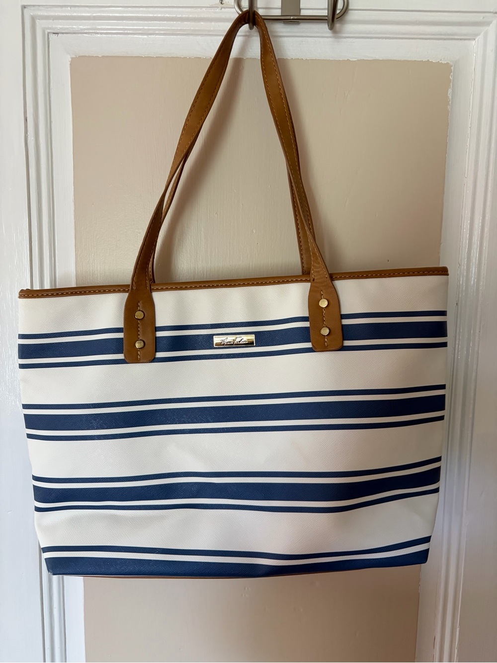Marc Fisher Navy and White Striped Tote with Tan Handles